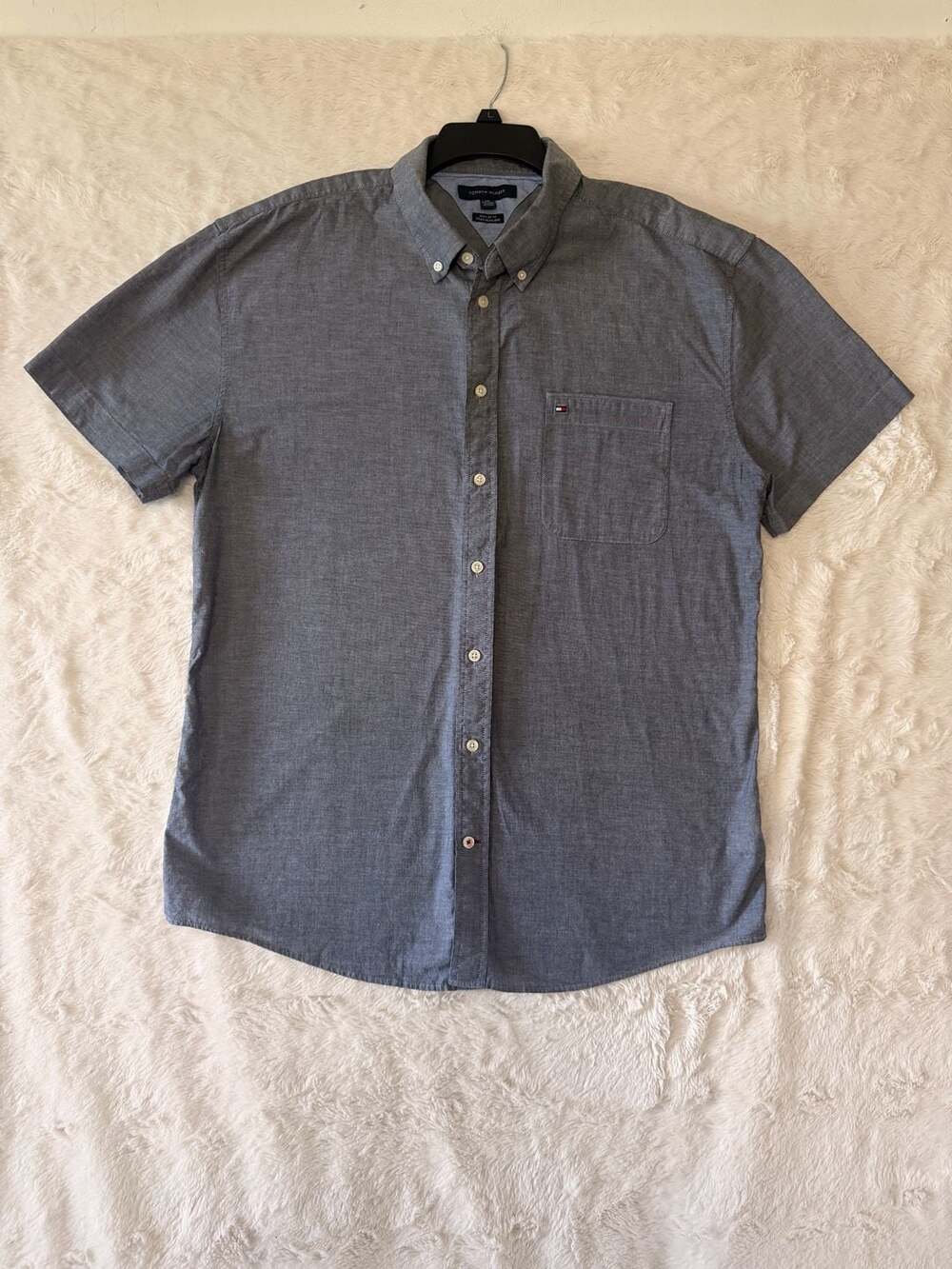 Tommy Hilfiger Men's Regular Fit Short Sleeve Button-Up Shirt XXL Blue Gray